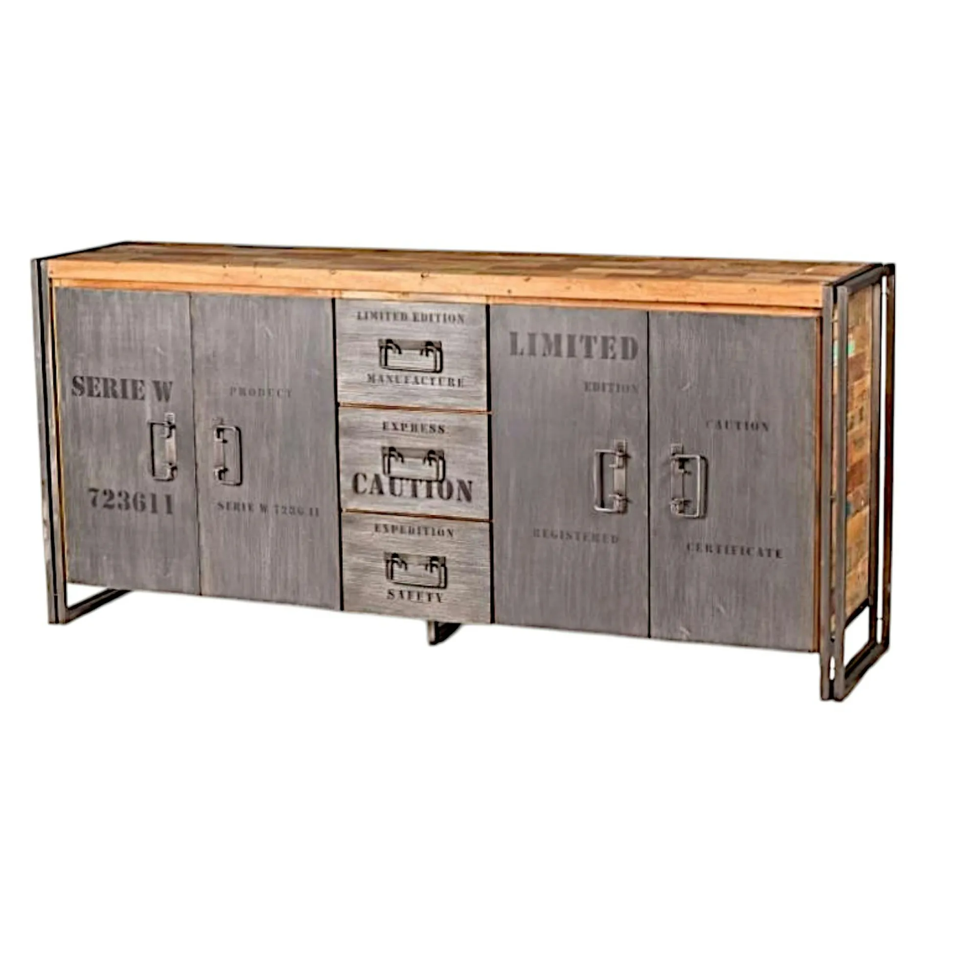 Buffet bois recyclé 4 portes 3 tiroirs 200x90 CARAVELLE