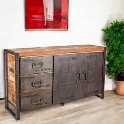 Buffet bois recyclé 2 portes 3 tiroirs 160x45x90cm CARAVELLE