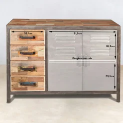 Buffet bois recyclé 4 tiroirs bois recyclé 2 portes métalliques 120x45x90cm CARAVELLE