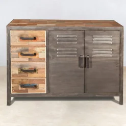 Buffet bois recyclé 4 tiroirs bois recyclé 2 portes métalliques 120x45x90cm CARAVELLE
