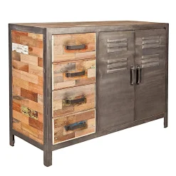 Buffet bois recyclé 4 tiroirs bois recyclé 2 portes métalliques 120x45x90cm CARAVELLE