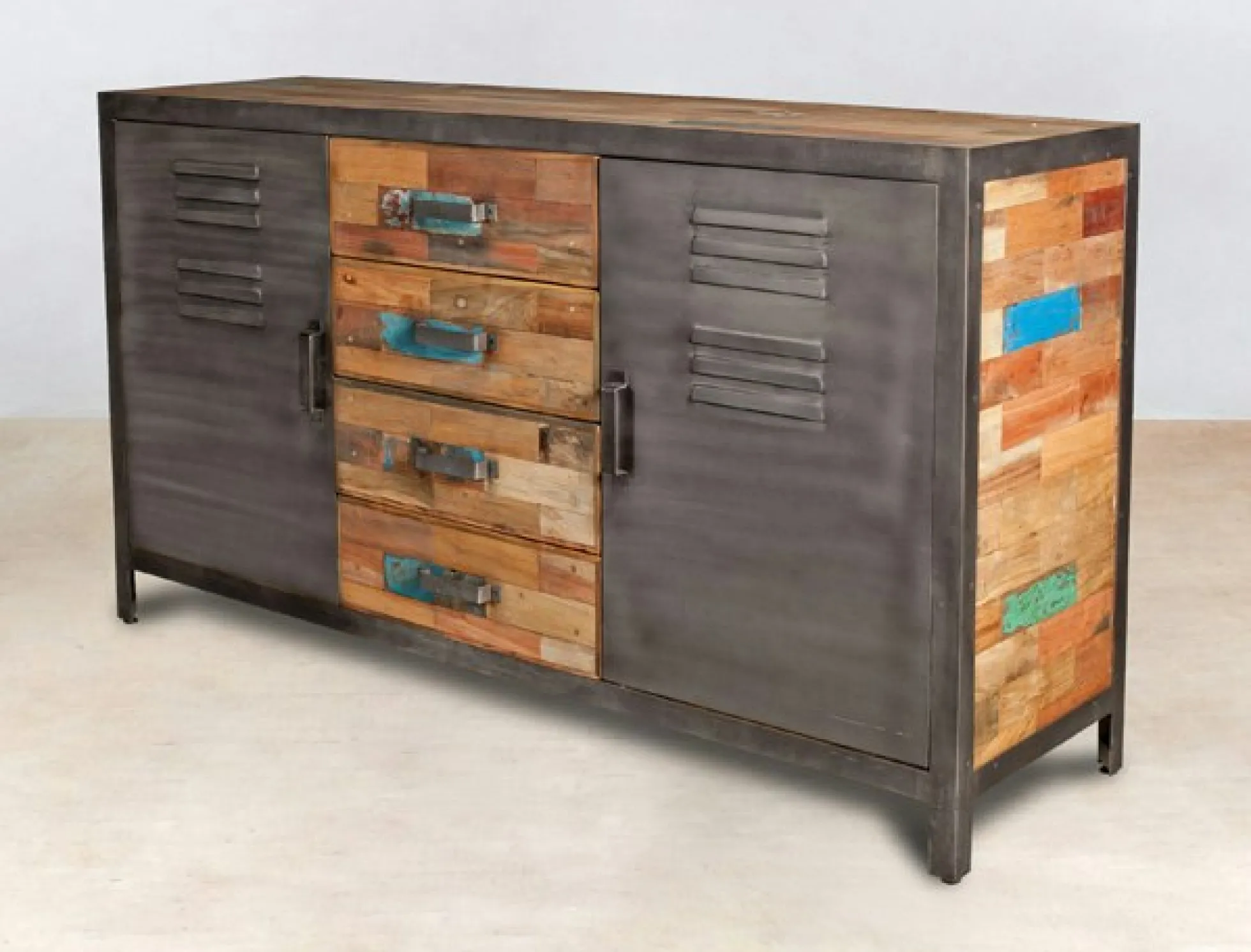 Buffet bois recyclé 4 tiroirs bois recyclé 2 portes métalliques 160x45x90cm CARAVELLE