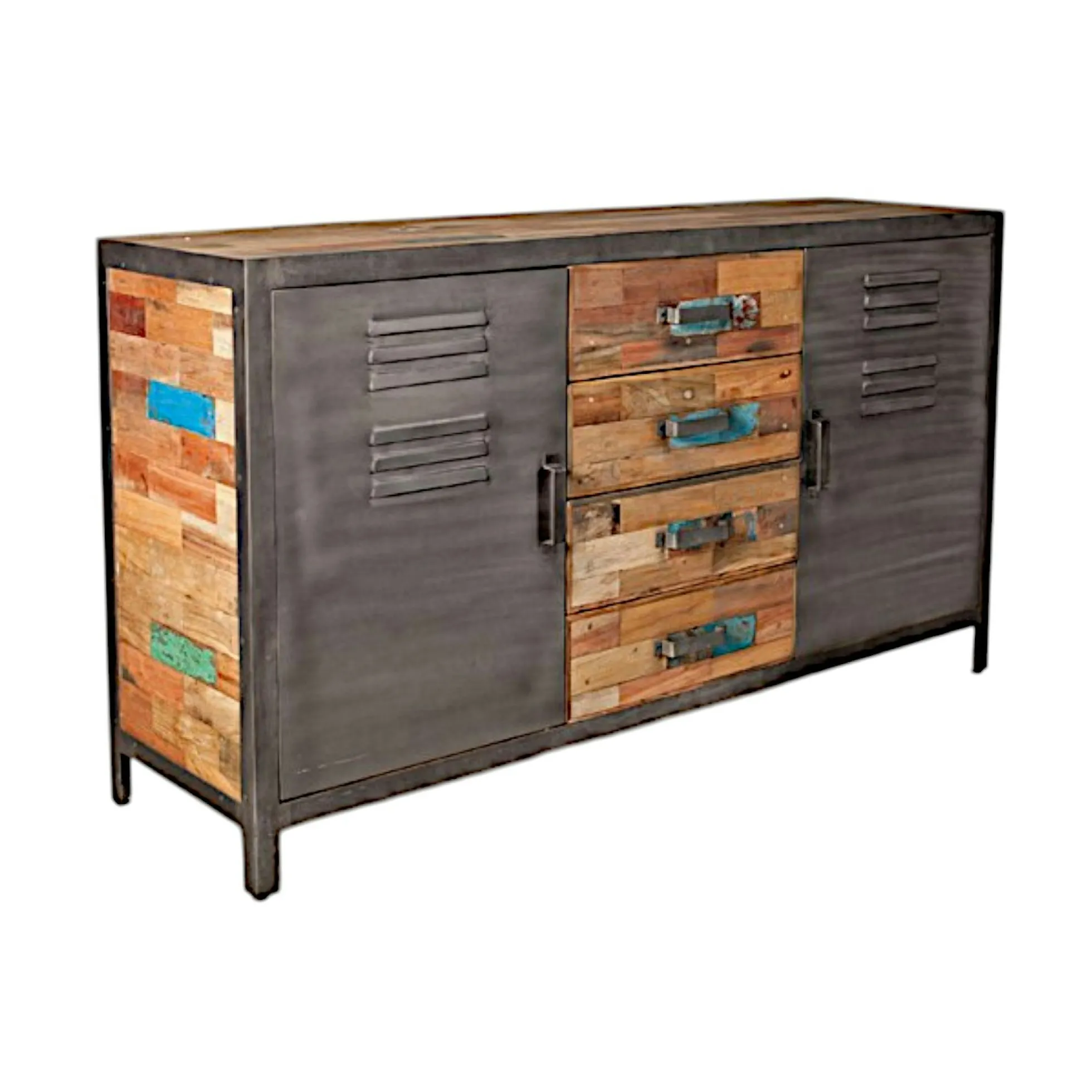 Buffet bois recyclé 4 tiroirs bois recyclé 2 portes métalliques 160x45x90cm CARAVELLE