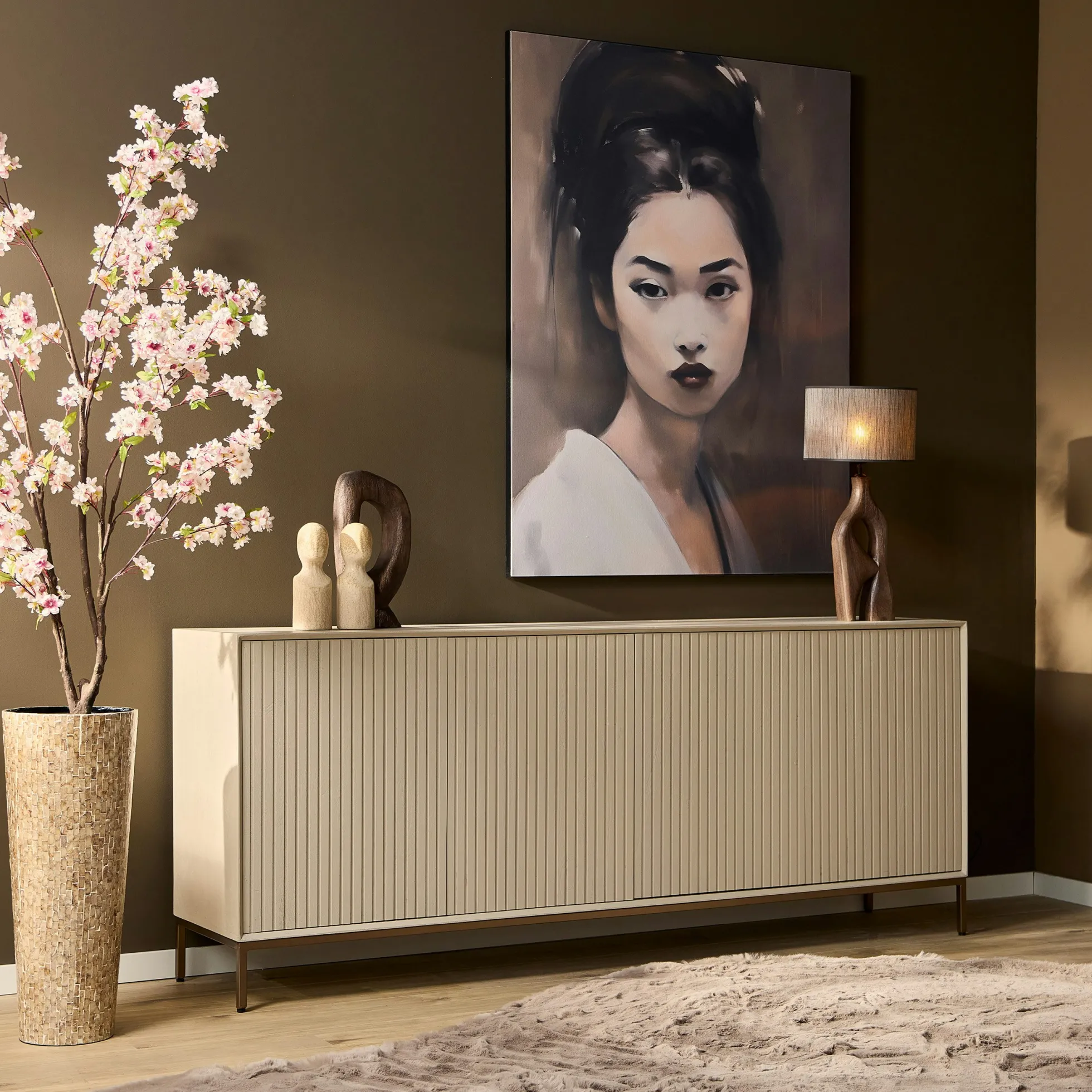 Buffet bois sable 4 portes rainurées 210 cm CORTINA