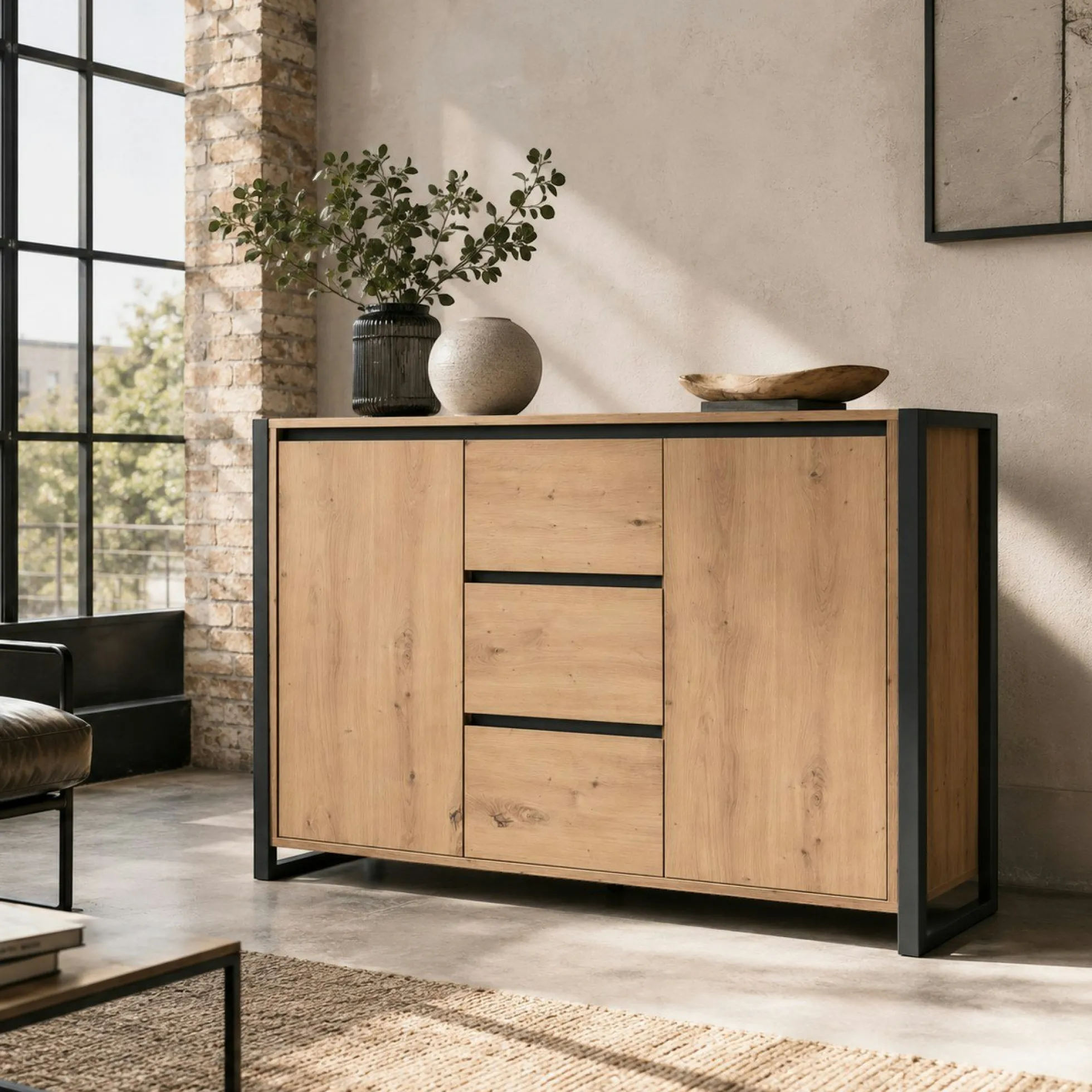 Buffet campagne 2 portes 3 tiroirs effet chêne 122 cm ALVA