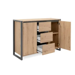 Buffet campagne 2 portes 3 tiroirs effet chêne 122 cm ALVA