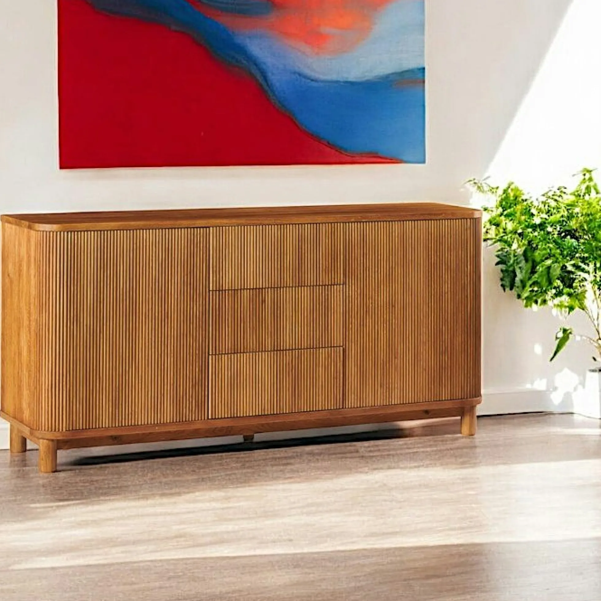 Buffet chêne rainuré moderne 2 portes 3 tiroirs IENA
