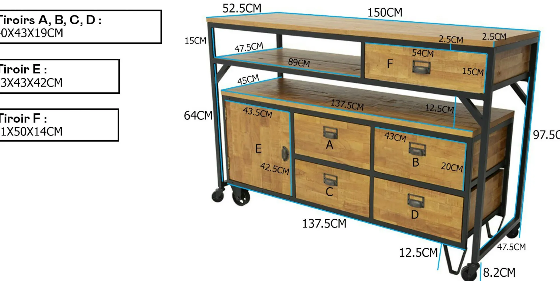 Buffet / Console à roulettes en 2 parties, 4 + 1 tiroirs, 1 porte en Hévéa recyclé coloré et métal 150x53x97cm LOFT COLORS