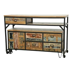 Buffet / Console à roulettes en 2 parties, 4 + 1 tiroirs, 1 porte en Hévéa recyclé coloré et métal 150x53x97cm LOFT COLORS
