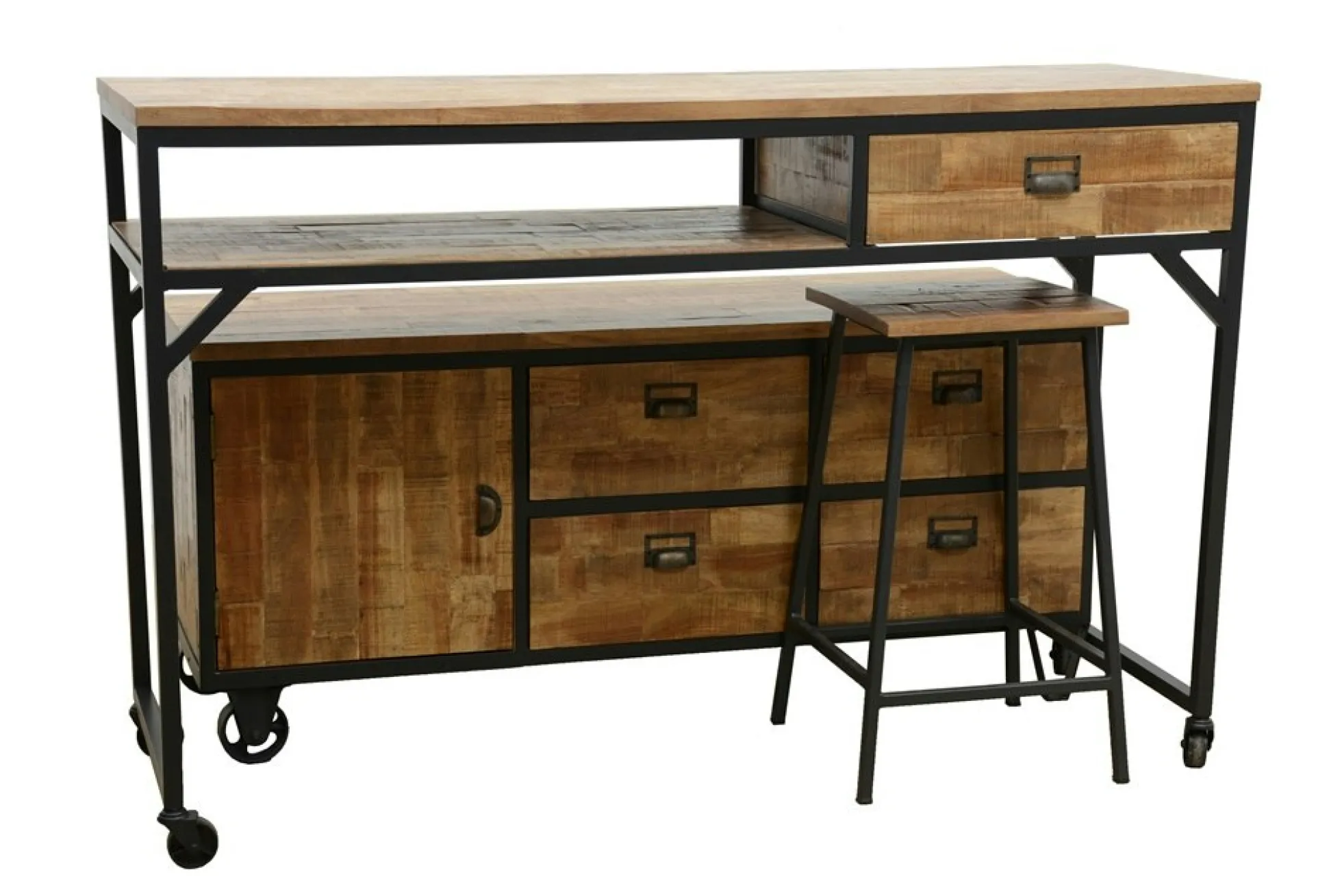 Buffet / Console à roulettes en 2 parties, 4 + 1 tiroirs, 1 porte en Hévéa recyclé naturel et métal 150x53x97cm LOFT