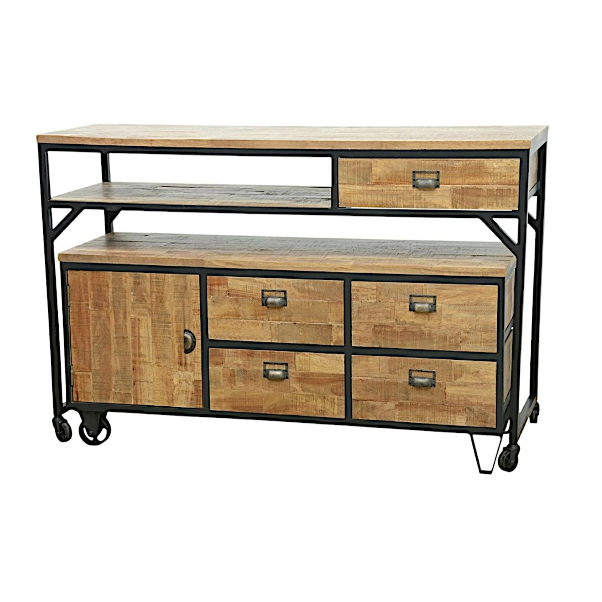 Buffet / Console à roulettes en 2 parties, 4 + 1 tiroirs, 1 porte en Hévéa recyclé naturel et métal 150x53x97cm LOFT