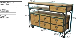 Buffet / Console à roulettes en 2 parties, 4 + 1 tiroirs, 1 porte en Hévéa recyclé naturel et métal 150x53x97cm LOFT