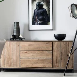 Buffet contemporain chêne massif encadrement métal noir HUDSON