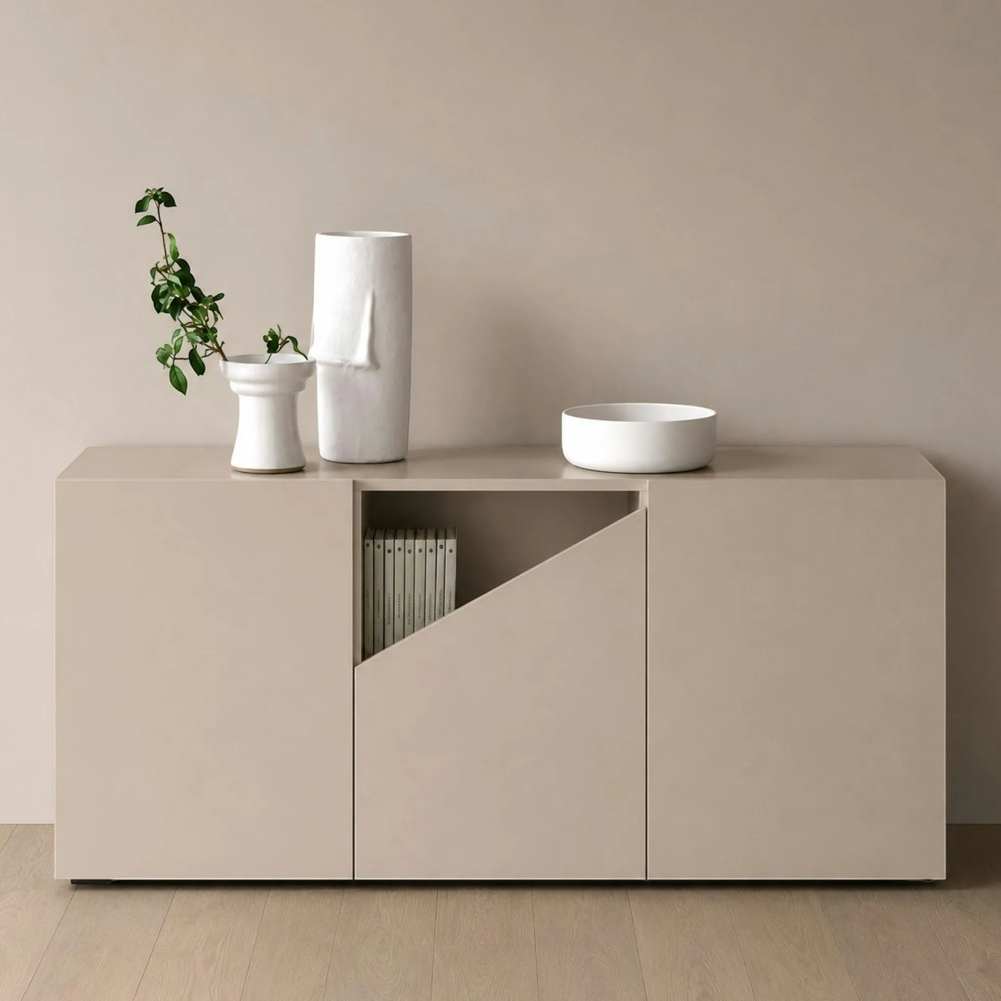 Buffet contemporain taupe à découpe centrale 160 cm LORA