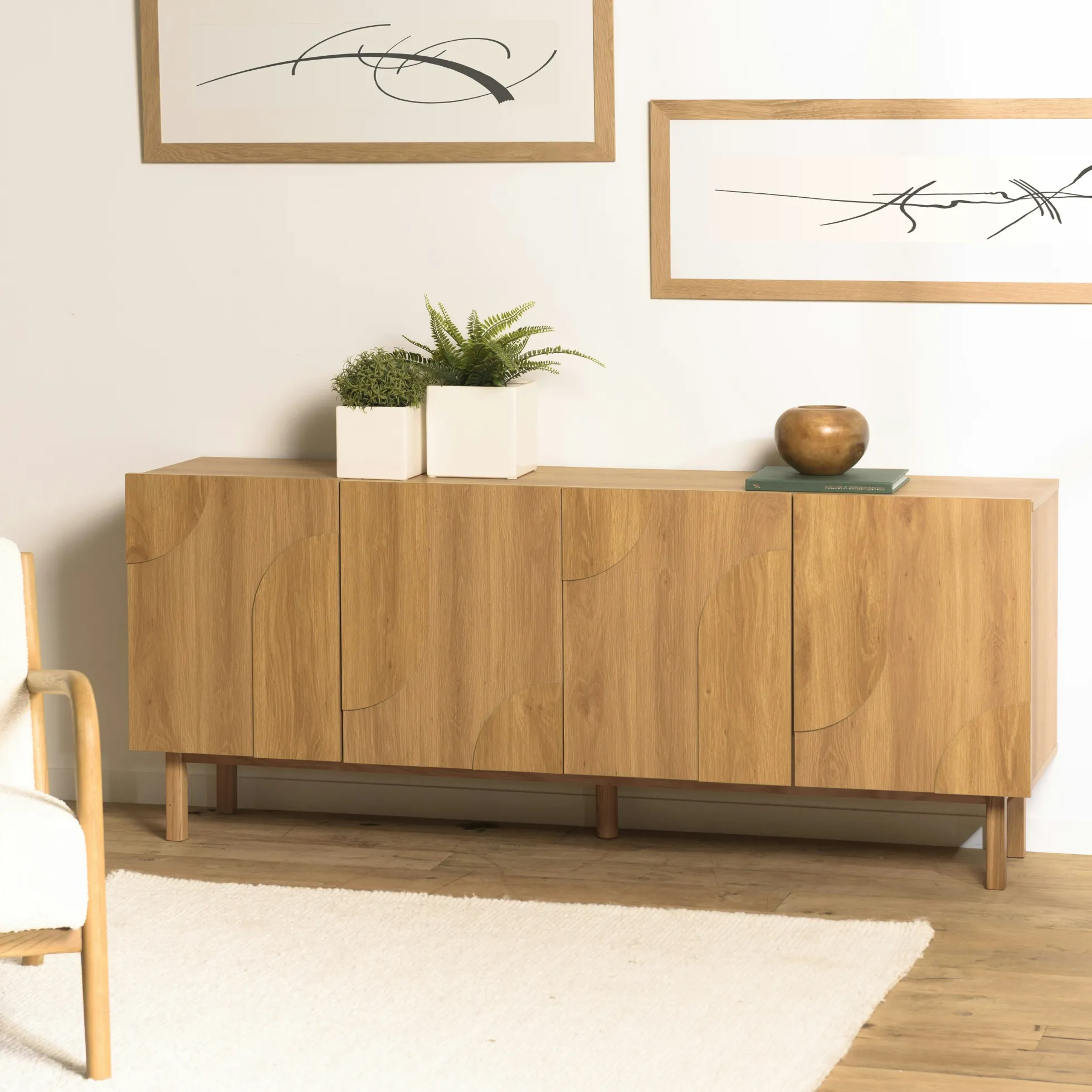 Buffet couleur naturelle 4 portes décor motif arrondi ELTON