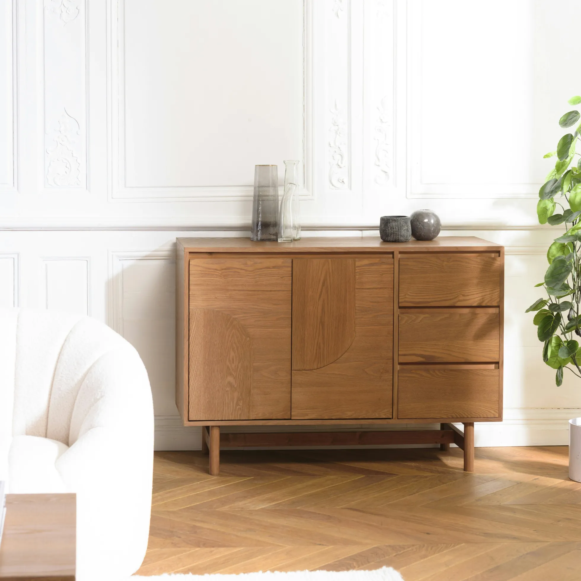 Buffet couleur naturelle 3 tiroirs 2 portes décor motif arrondi CORIA