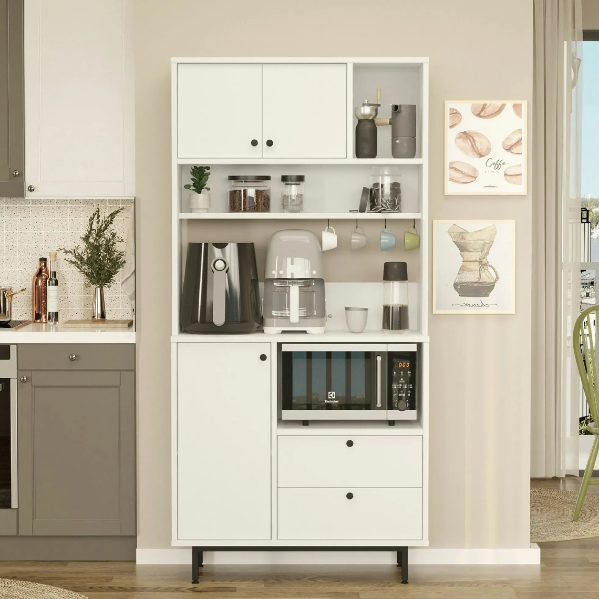 Buffet cuisine blanc avec niche micro-ondes H 180 cm JENA