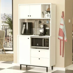 Buffet cuisine blanc niches micro-ondes et cafetière JENA
