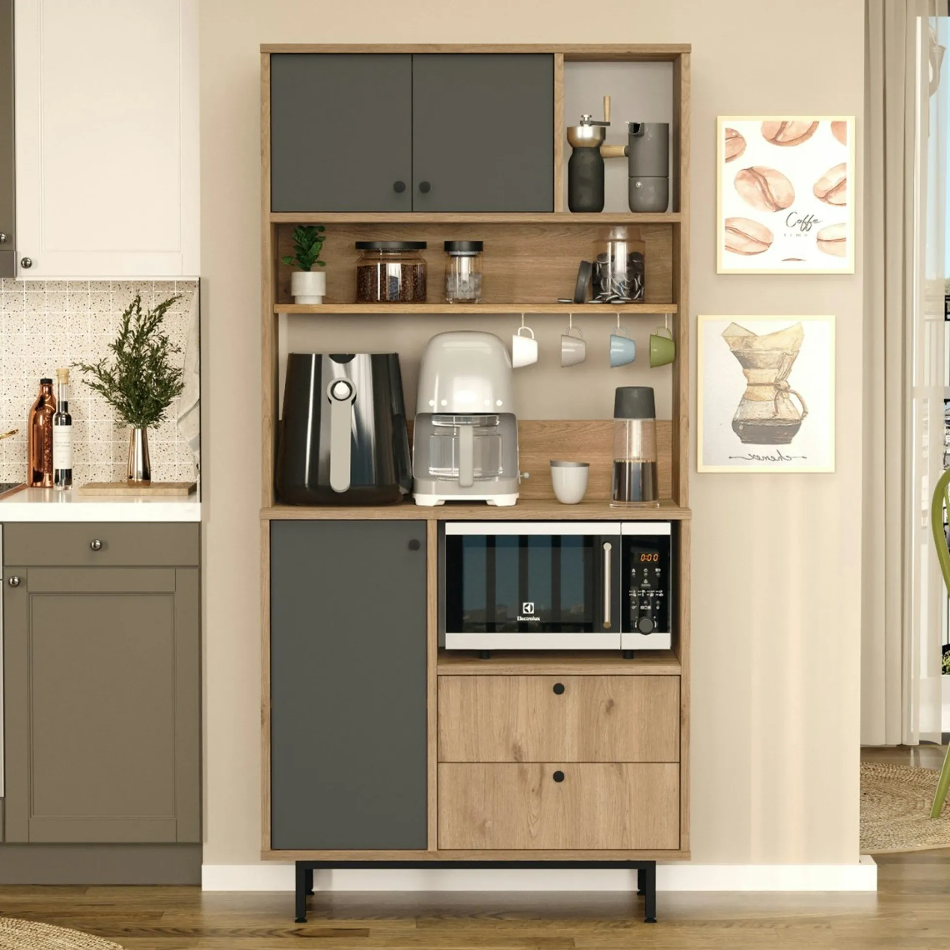 Buffet cuisine niche micro-ondes décor gris H 180 cm JENA
