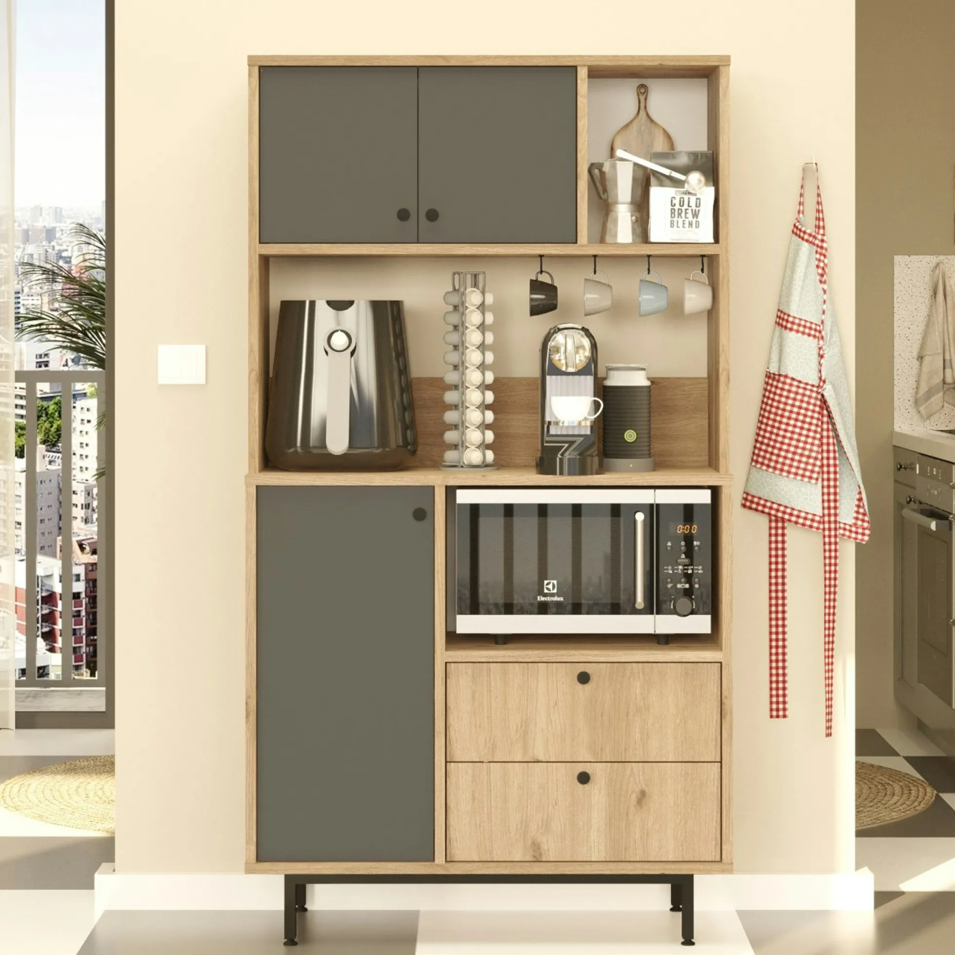 Buffet cuisine 3 portes grises avec niche micro-ondes JENA