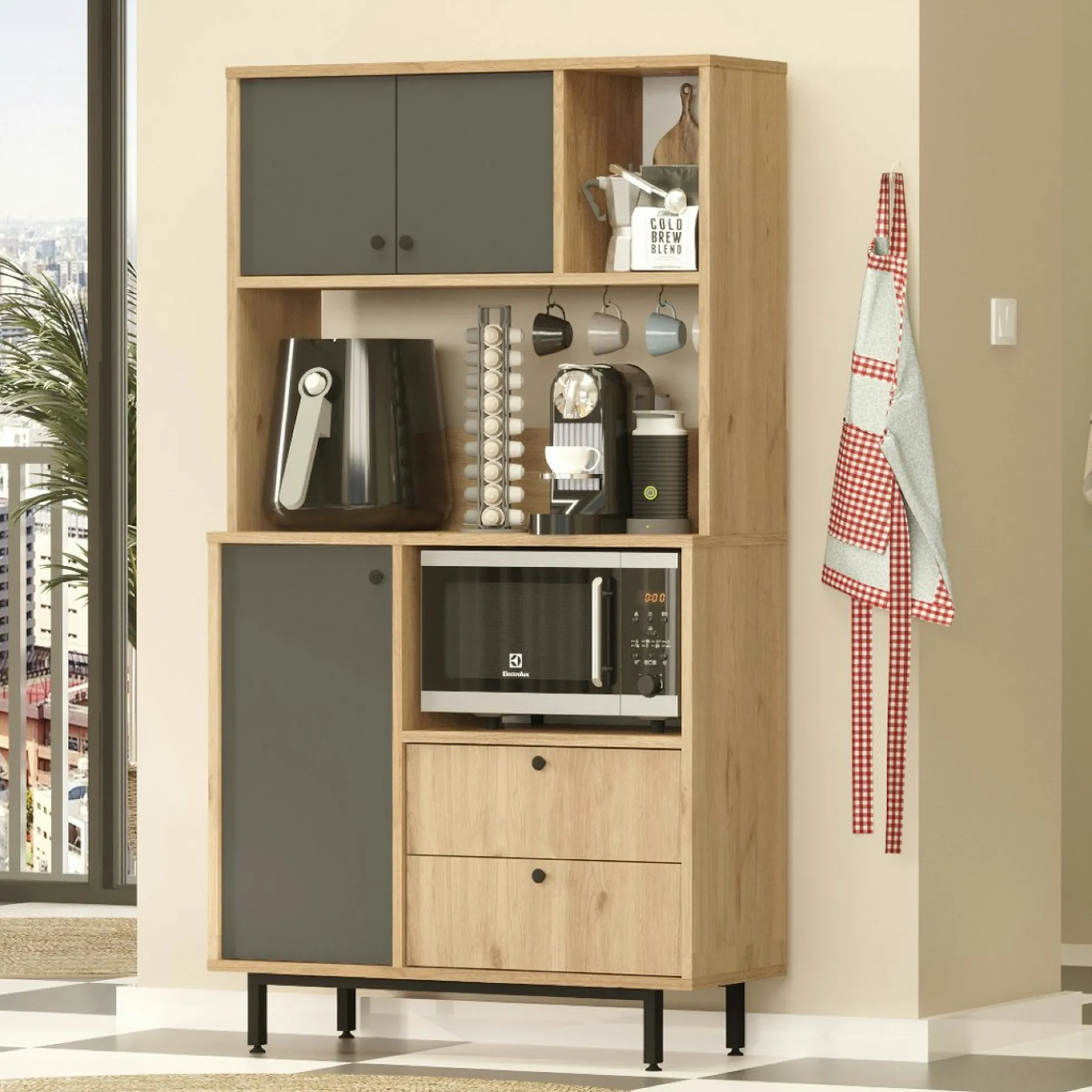 Buffet cuisine 3 portes grises avec niche micro-ondes JENA