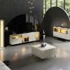 Buffet décor travertin et doré 2 portes 3 niches LED AURA