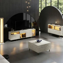 Buffet décor travertin et doré 2 portes 3 niches LED AURA