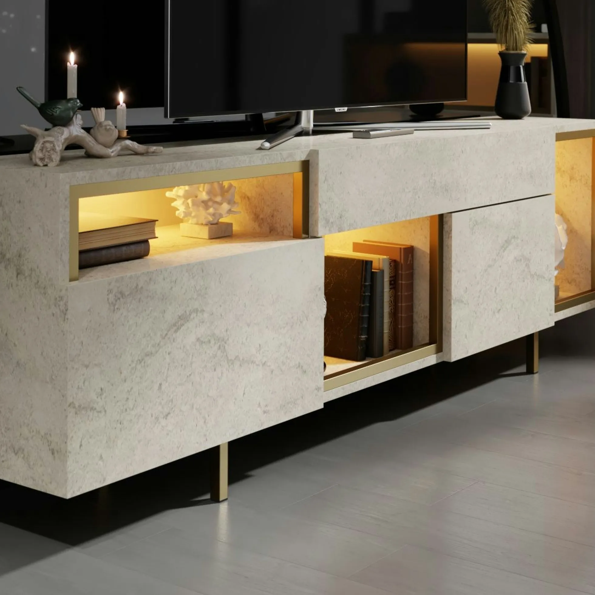 Buffet décor travertin et doré 2 portes 3 niches LED AURA