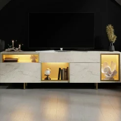 Buffet décor travertin et doré 2 portes 3 niches LED AURA