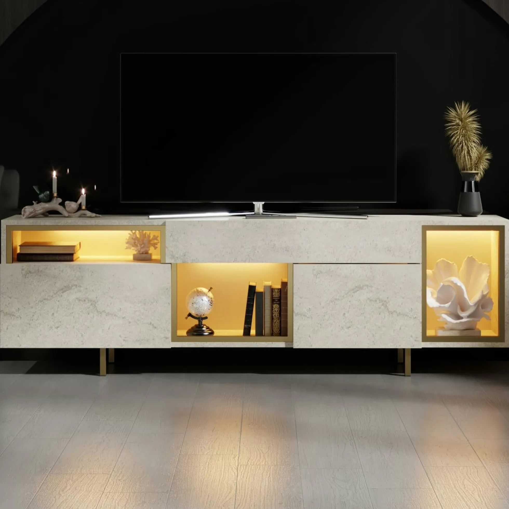 Buffet décor travertin et doré 2 portes 3 niches LED AURA