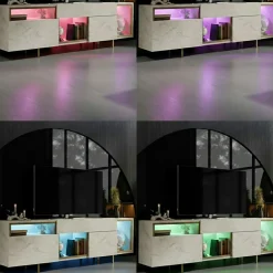 Buffet décor travertin et doré 2 portes 3 niches LED AURA