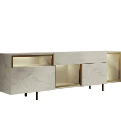 Buffet décor travertin et doré 2 portes 3 niches LED AURA