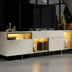 Buffet décor travertin et doré 2 portes 3 niches LED AURA