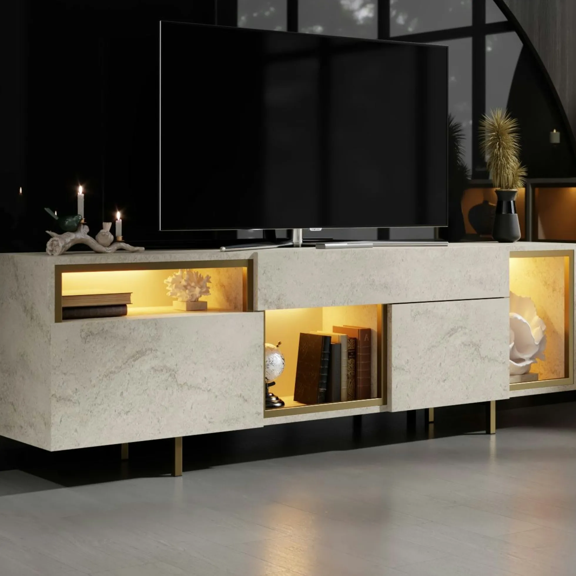 Buffet décor travertin et doré 2 portes 3 niches LED AURA