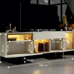 Buffet décor travertin et doré 2 portes 3 niches LED AURA