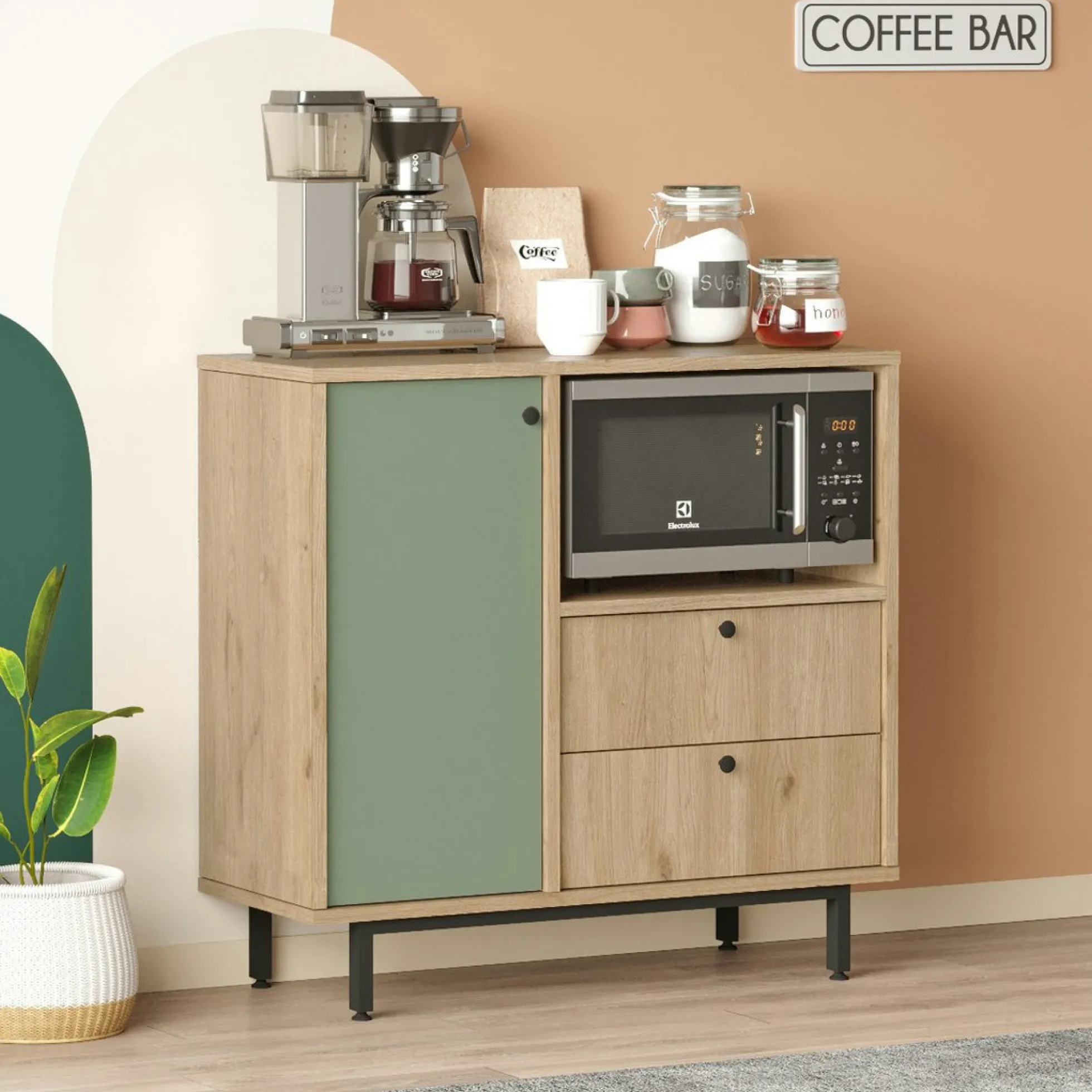 Buffet de cuisine niche micro-ondes et 1 porte sauge JENA