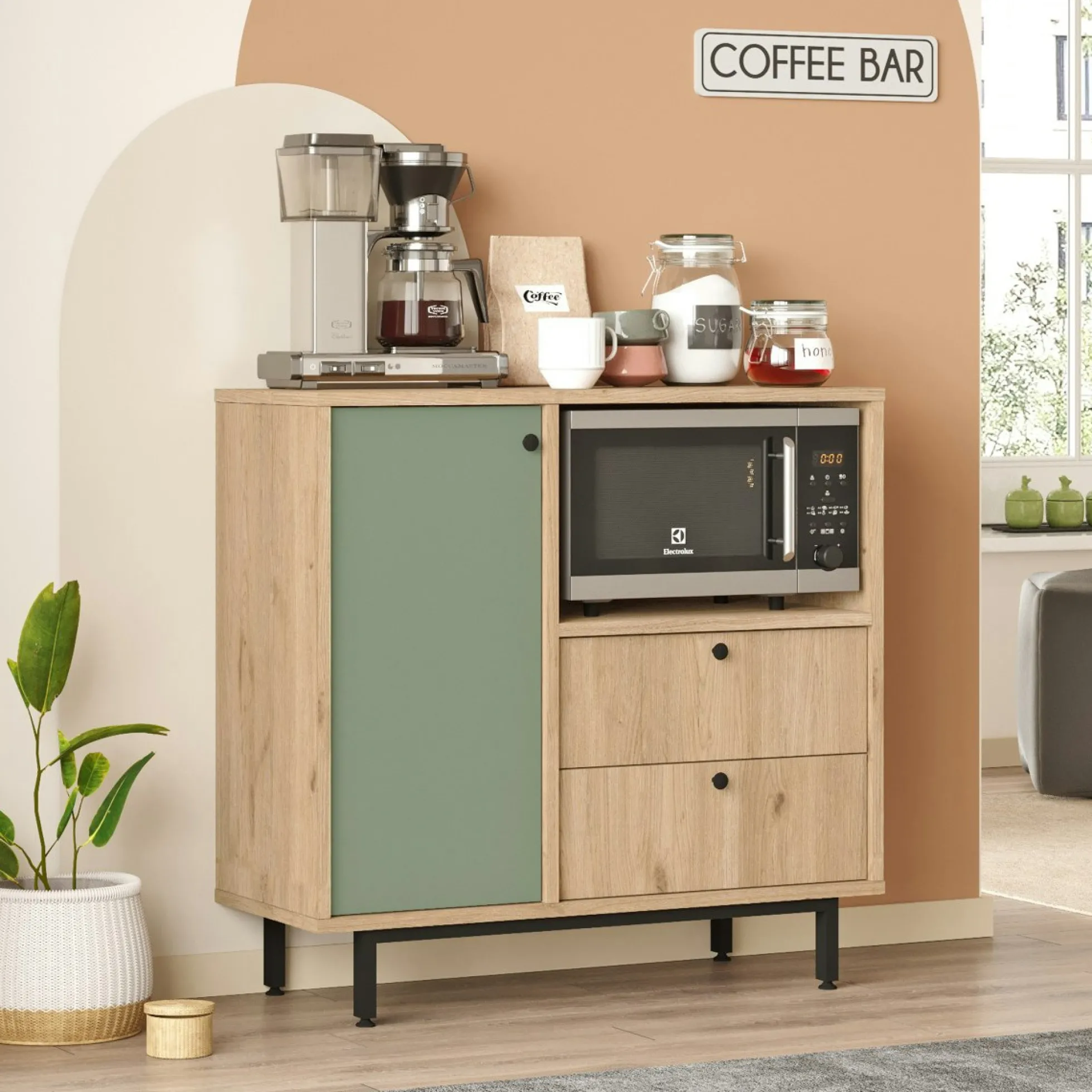 Buffet de cuisine niche micro-ondes et 1 porte sauge JENA