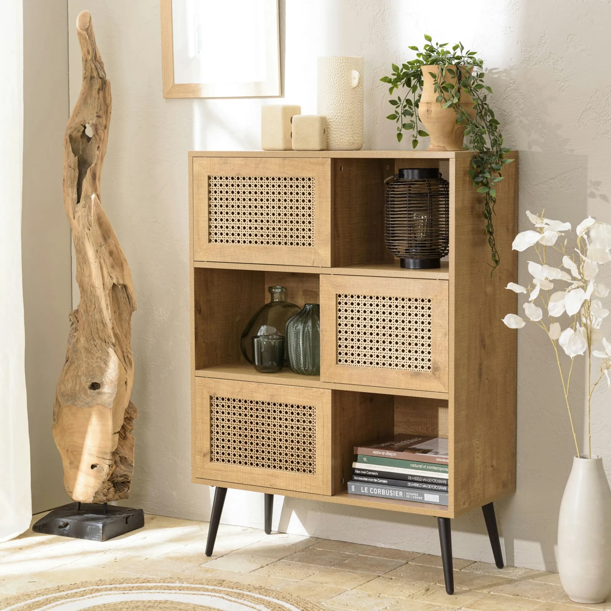 Buffet de rangement bois effet cannage 3 portes coulissantes ALCUDIA
