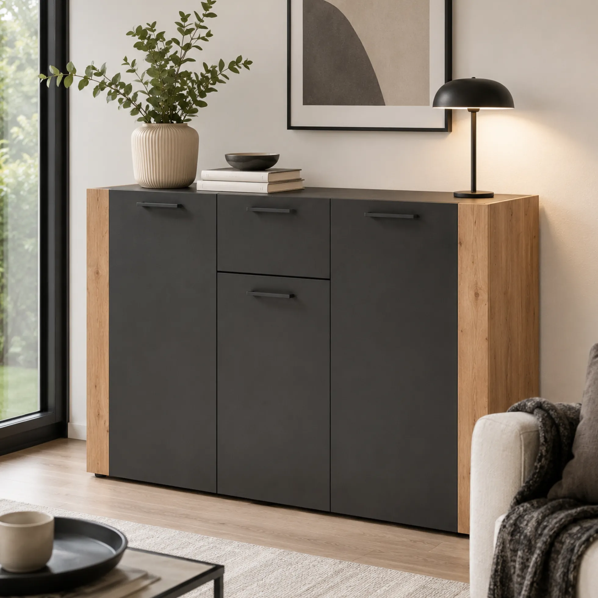 Buffet de rangement gris foncé 3 portes 1 tiroir ALVA