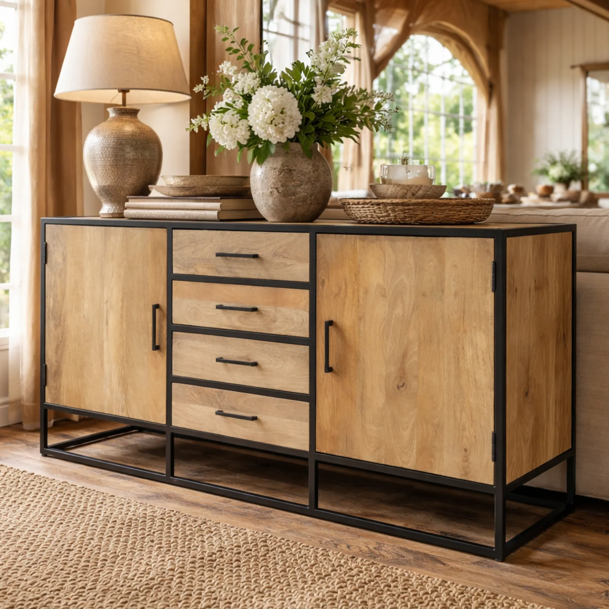 Buffet de salon en bois clair 2 portes 4 tiroirs RIVANO