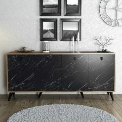 Buffet design moderne 4 portes, façade effet marbre noir UMEA
