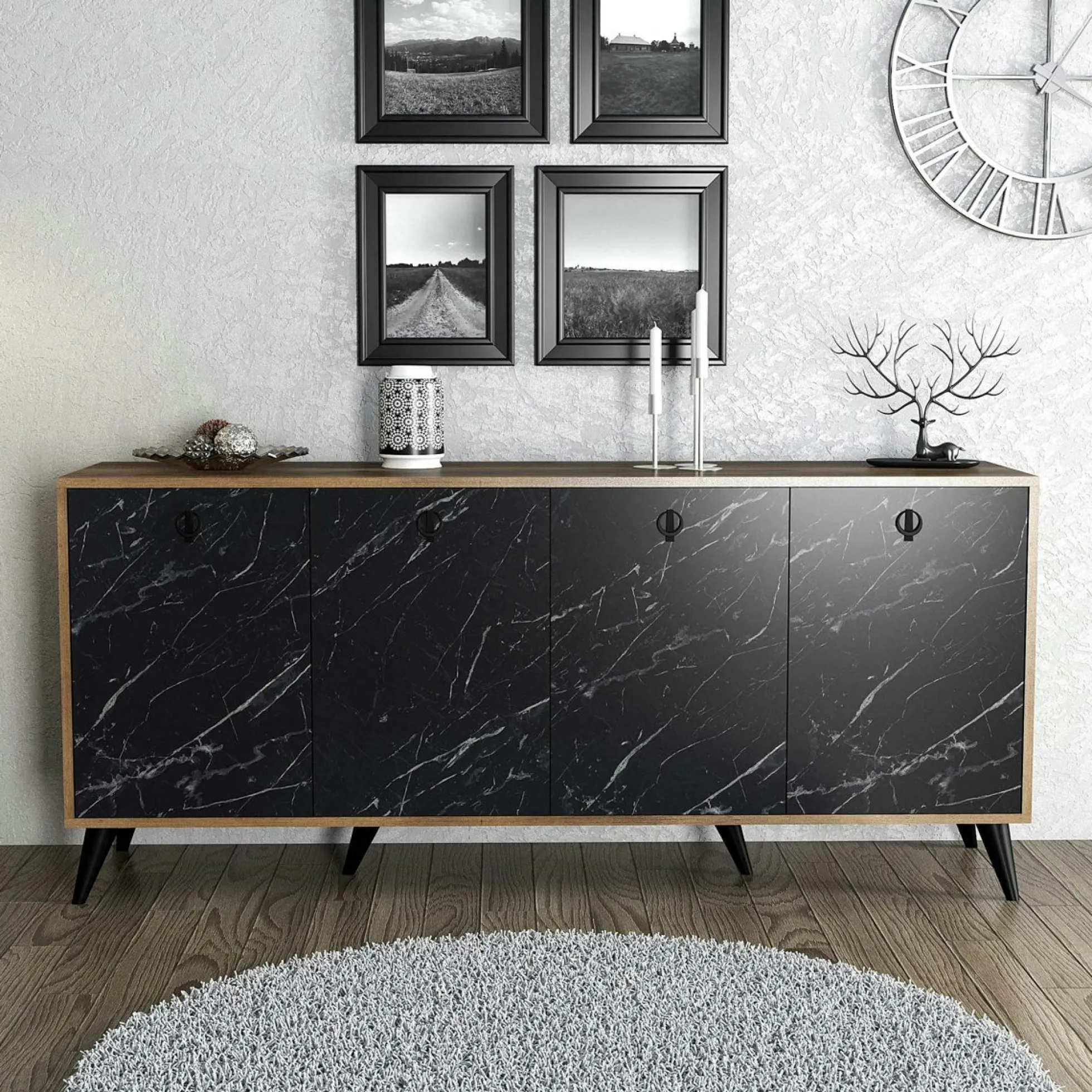 Buffet design moderne 4 portes, façade effet marbre noir UMEA