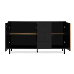Buffet design noir décor bois 3 portes 4 tiroirs NOREN