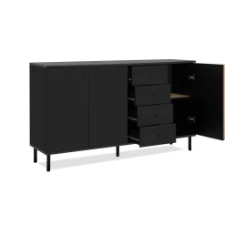 Buffet design noir décor bois 3 portes 4 tiroirs NOREN