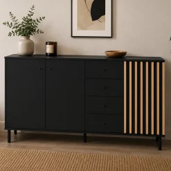 Buffet design noir décor bois 3 portes 4 tiroirs NOREN