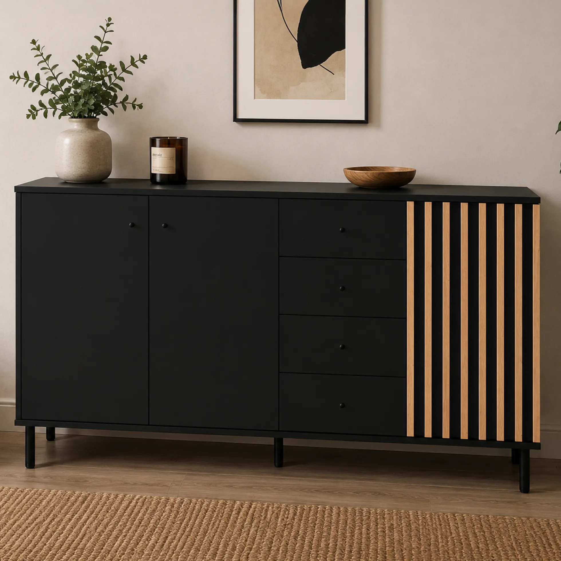 Buffet design noir décor bois 3 portes 4 tiroirs NOREN
