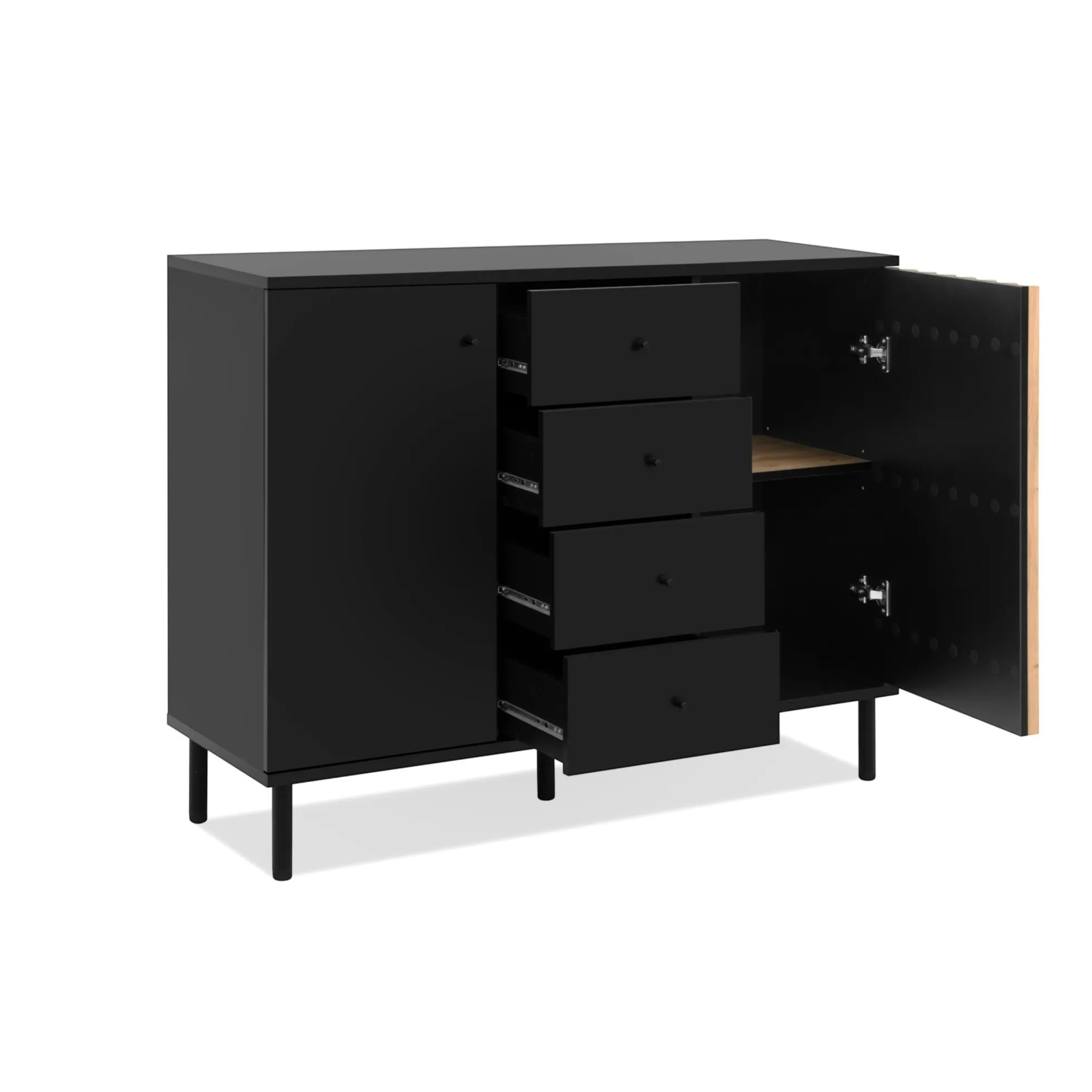 Buffet design noir et décor bois 2 portes 4 tiroirs NOREN