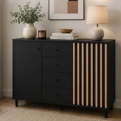 Buffet design noir et décor bois 2 portes 4 tiroirs NOREN