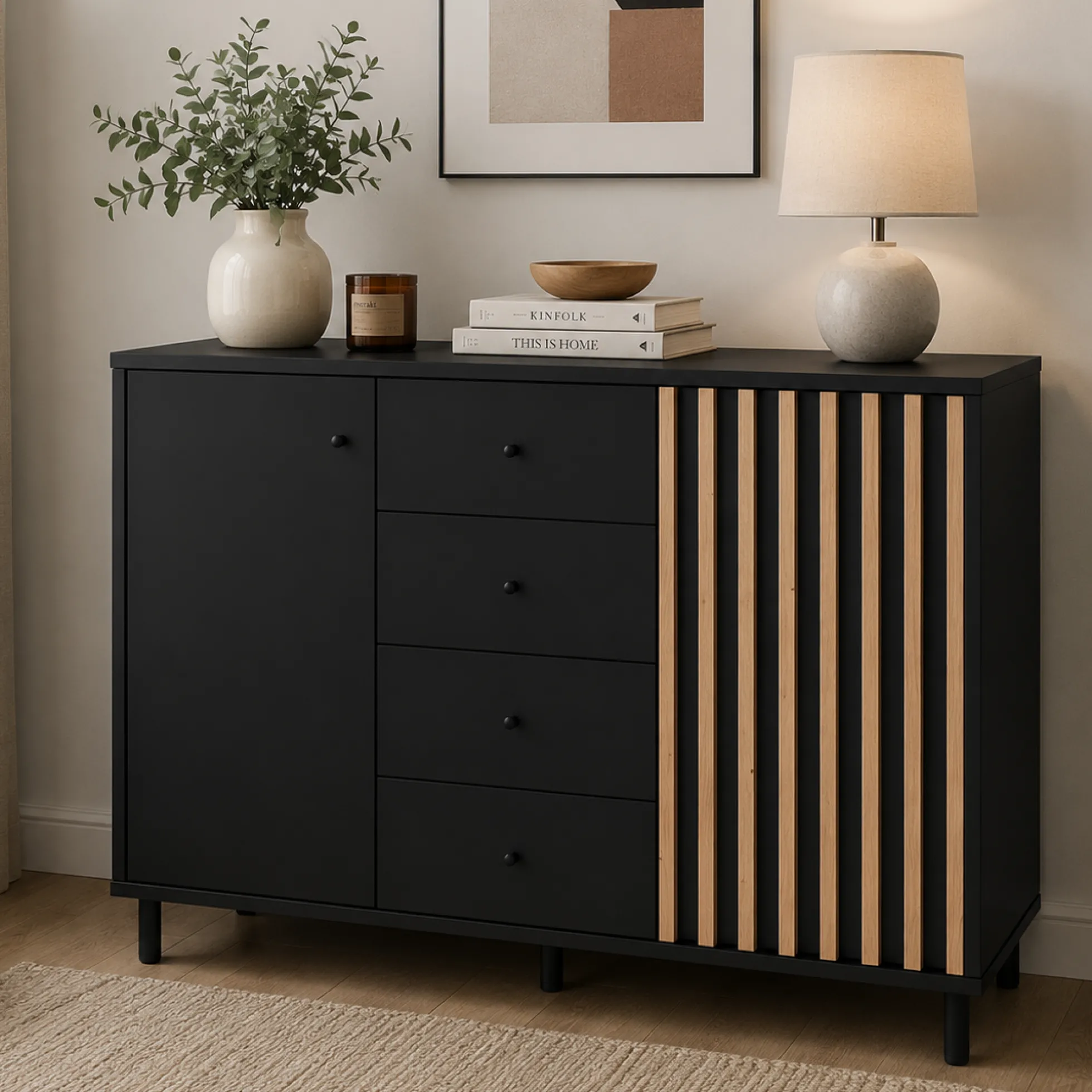 Buffet design noir et décor bois 2 portes 4 tiroirs NOREN