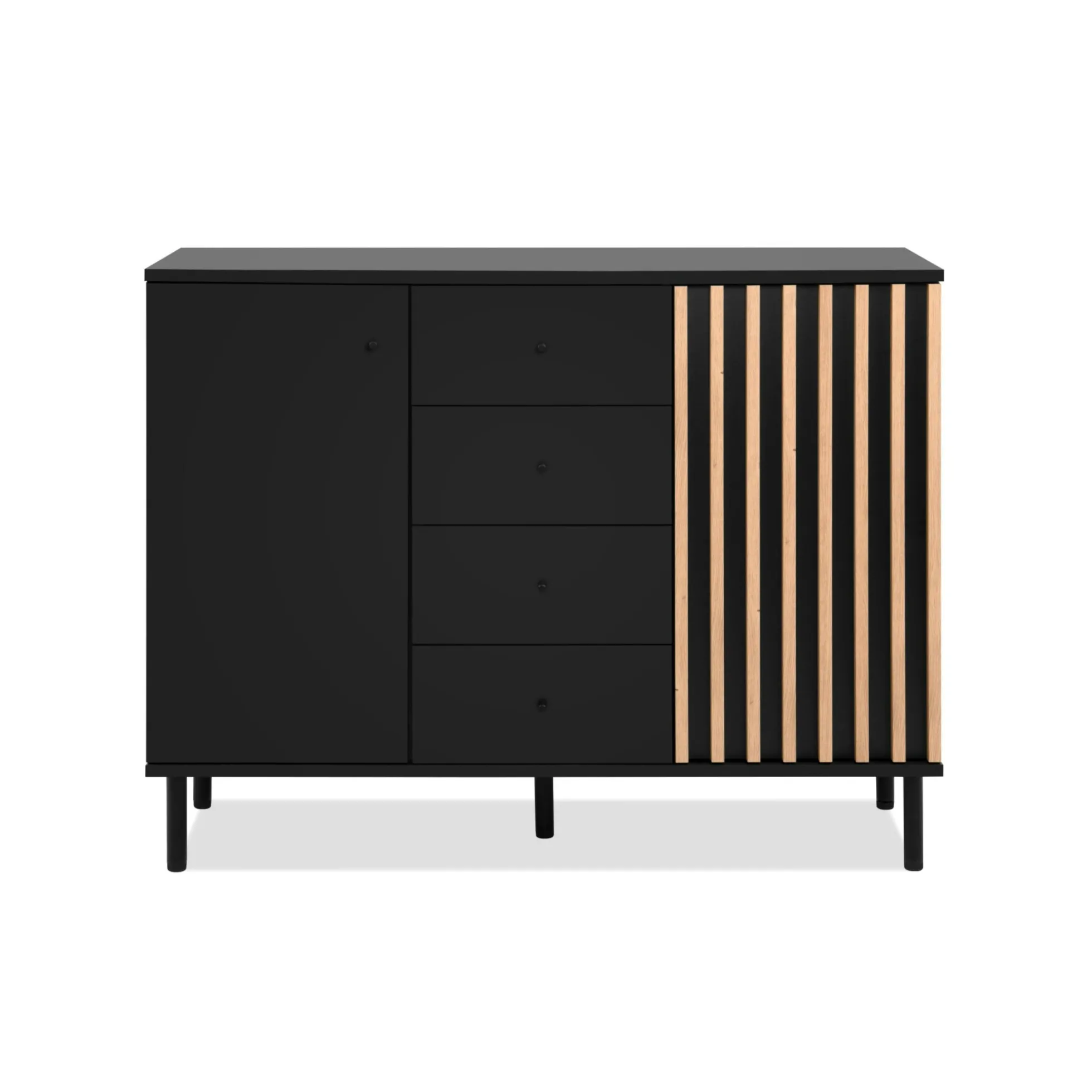 Buffet design noir et décor bois 2 portes 4 tiroirs NOREN